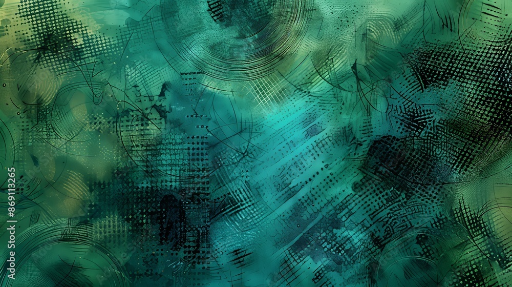 Poster abstract background with intricate, non-seamless patterns in turquoise, green, and black, forming a 