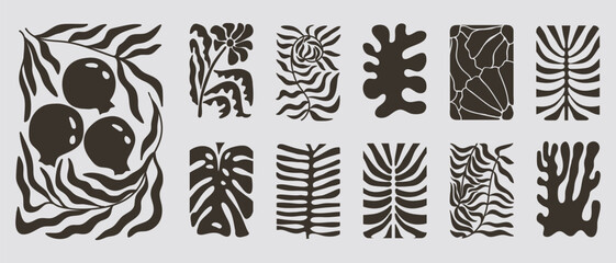 Abstract Matisse Floral Posters Set. Modern Botanical Background in Minimal Style.Modern brown floral element groovy and wavy shapes.