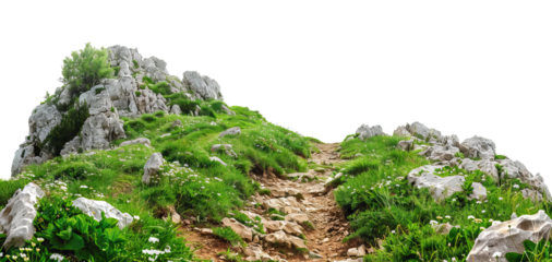 Scenic mountain hiking trail through lush greenery and rocky terrain, cut out
