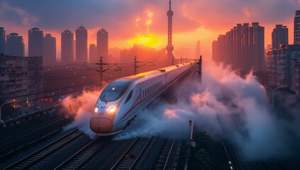 China's high-speed rail runs in a modern city at sunset