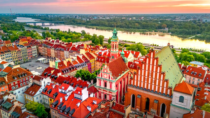 aerial view over the castle square in warsaw overlooking the old town in spring at dawn