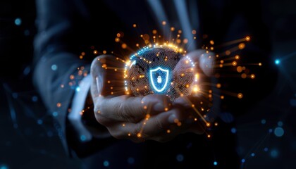 A businessman holding a futuristic digital shield icon symbolizing data protection, cybersecurity, and network security.