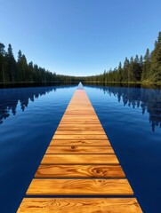 Obraz premium A serene wooden pier extends into a calm lake, lined by lush pine trees under a clear blue sky, creating a tranquil and picturesque scene.