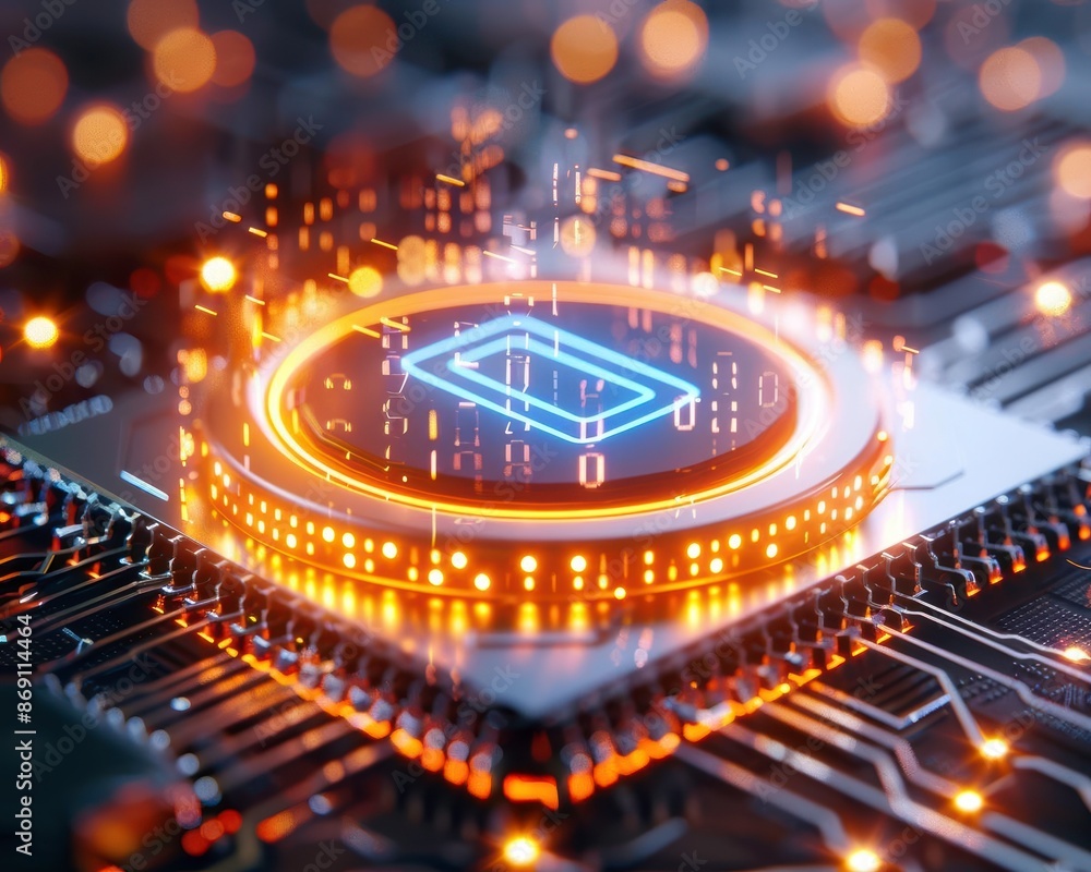Poster close-up of a futuristic microchip on a motherboard, glowing with digital circuits. conceptual image