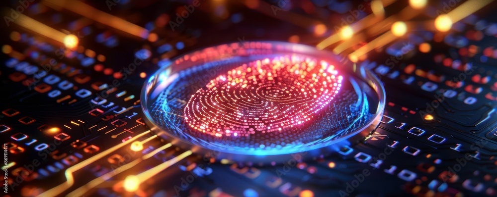 Poster close-up of a futuristic digital fingerprint on a glowing circuit board, representing cybersecurity 