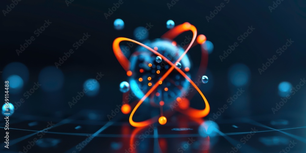 Poster blurred background with a digital representation of an atom particle, showcasing high-tech and scien