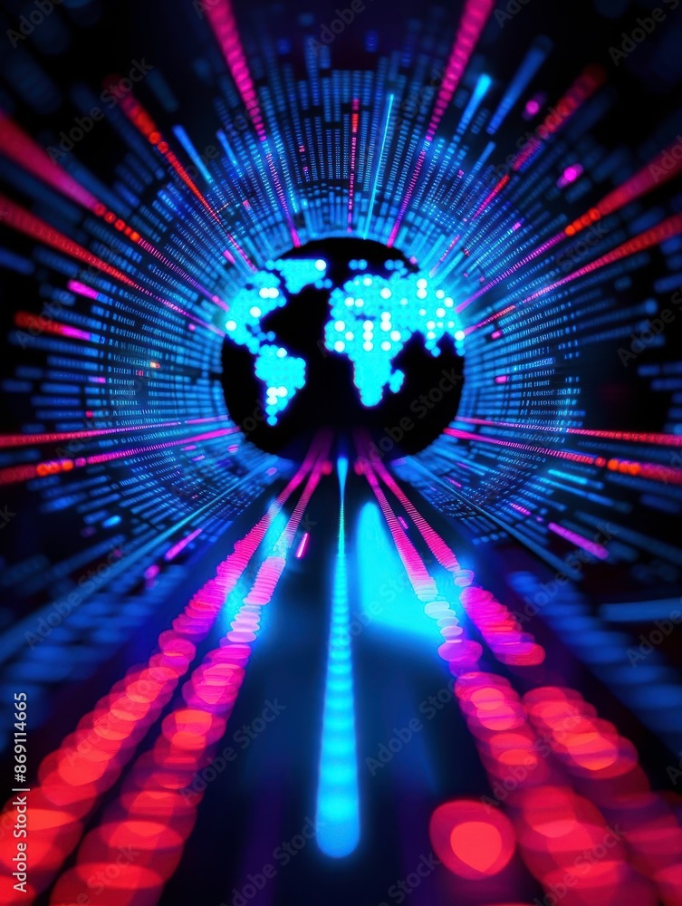 Poster digital abstract art of glowing world with vibrant lights, representing global connectivity and data