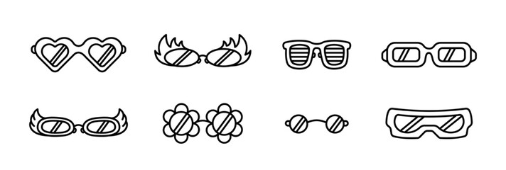 Retro glasses. Groovy hippie sunglasses set. Festive, carnival, party glasses. Cute retro psychedelic glasses. Glasses in the shape of hearts, flowers, angel wings and flames. Linear vector