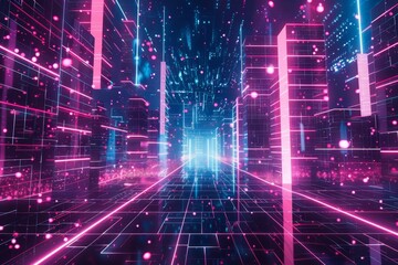 Obraz premium A futuristic cityscape with towering skyscrapers illuminated by vibrant neon lights, Abstract landscapes of glowing screens and neon grids