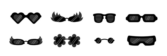 Glasses set. Glasses of Different Shapes set. Collection of sunglasses in shape of hearts, square, circle, flowers, angel wings and flames. Party eyeglasses. Vector isolated illustration