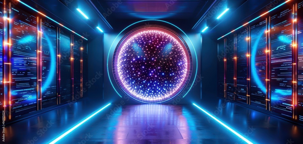 Poster futuristic data center with a glowing ai core and advanced server technology, featuring a neon-lit, 