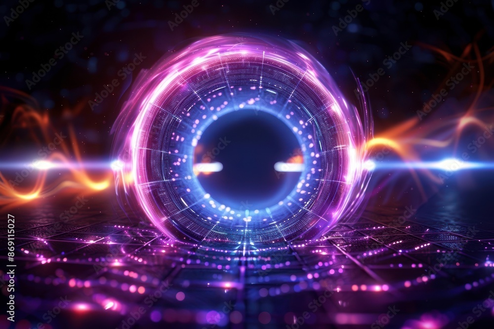 Poster futuristic digital portal glowing with neon lights and abstract patterns, perfect for technology and