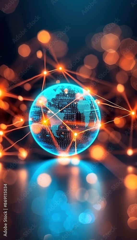 Poster futuristic digital globe with glowing connections representing global network and technology advance