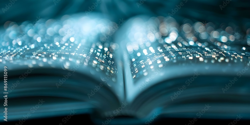 Poster book pages transform into digital data streams for technology integration in education. concept educ