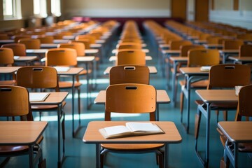 Naklejka premium Empty Classroom Desks and Chairs with a Book