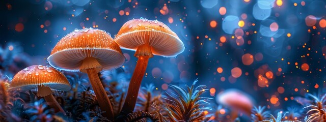  A collection of mushrooms perched atop a verdant forest, speckled with raindrops, adjacent to a tree-filled expanse