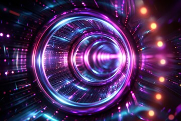 Fototapeta premium Futuristic digital tunnel with vibrant purple and blue light trails, creating a mesmerizing abstract technology background.