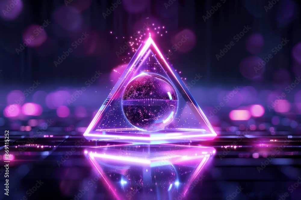 Poster futuristic glowing triangle with a neon sphere inside on a reflective surface, surrounded by vibrant