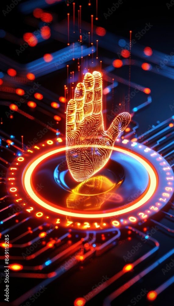 Poster futuristic holographic hand scan technology interface with glowing circuitry background, representin