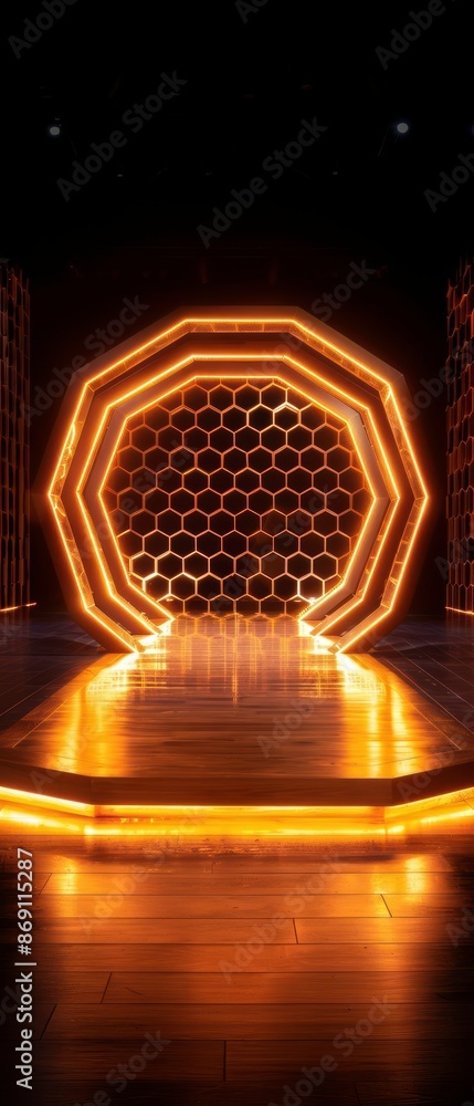 Poster futuristic golden hexagonal tunnel with illuminated pathway in a dark setting, perfect for technolog