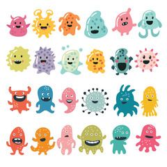 Fototapeta premium Collection of microbes isolated in flat style. Hand drawn vector art.