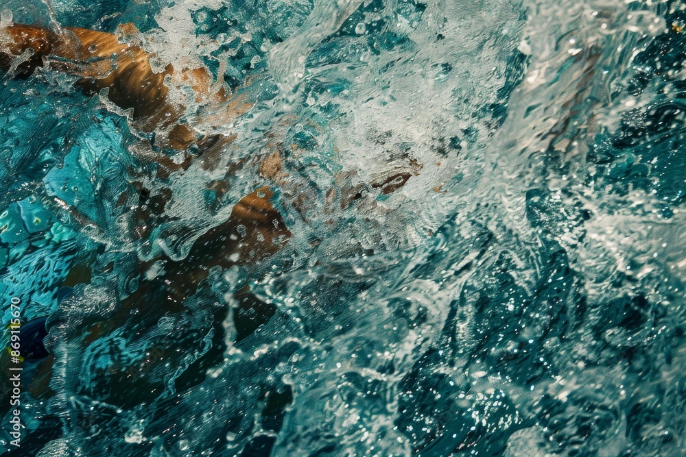Poster a group of individuals swimming in the water, creating abstract patterns with their strokes, abstrac