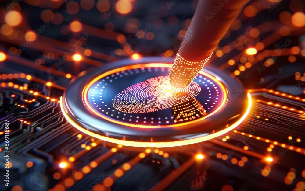 Poster futuristic technology concept with a digital fingerprint scanning on a microchip, symbolizing securi