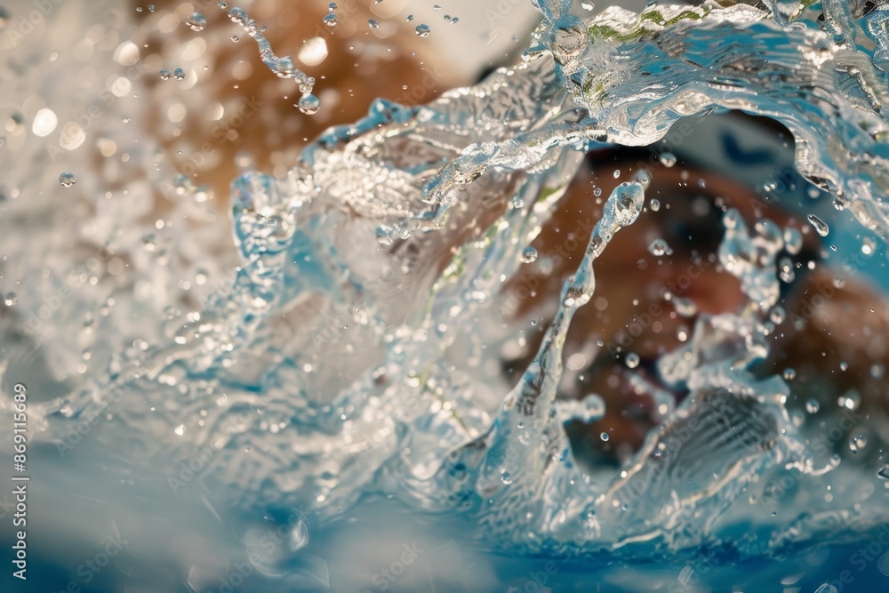 Poster detailed view of a person swimming vigorously in a pool, creating abstract patterns with their strok