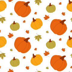 Seamless pattern pumpkin in flat style on white background. Seasonal autumn background, for textiles, cards, notepads. Vector illustration