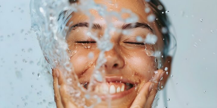 A woman splashes water on her face smiling with fresh skin. Concept Outdoor Photoshoot, Joyful Portraits, Refreshing Skincare Routine