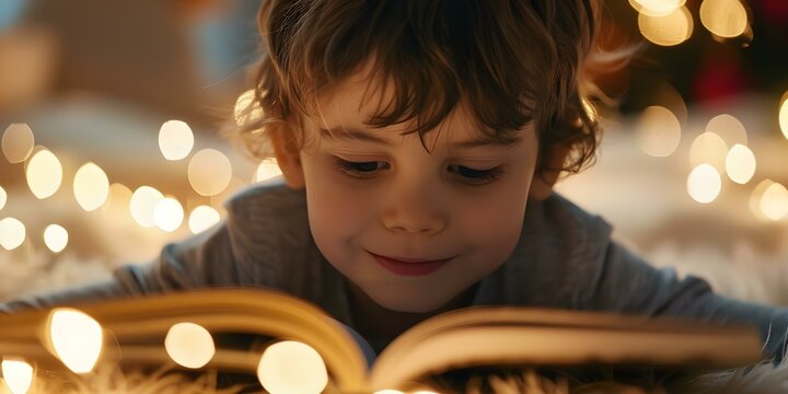 Child immersed in enchanting book world celebrating joy of reading on banner. Concept Reading Adventure, Book Enchantment, Child's Imagination, Magical Books, Literary Joy