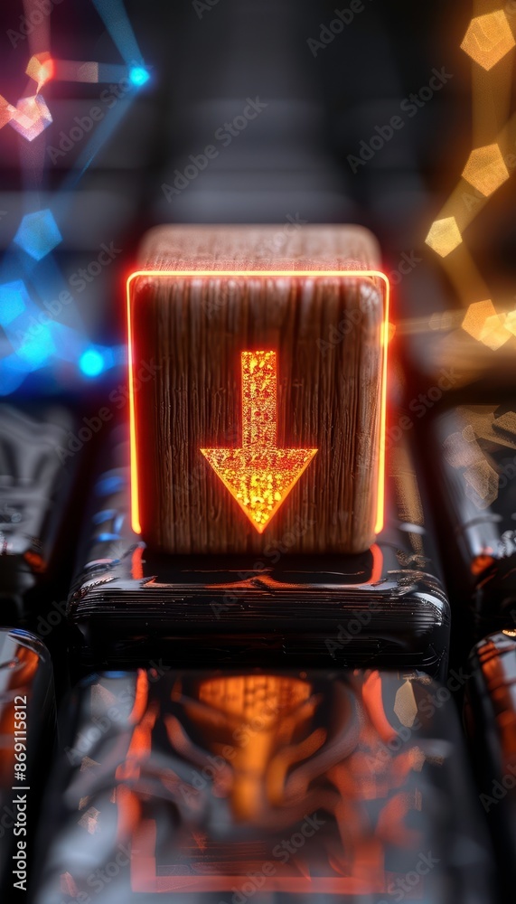 Poster glowing wooden arrow key on a futuristic keyboard with illuminated background, symbolizing technolog