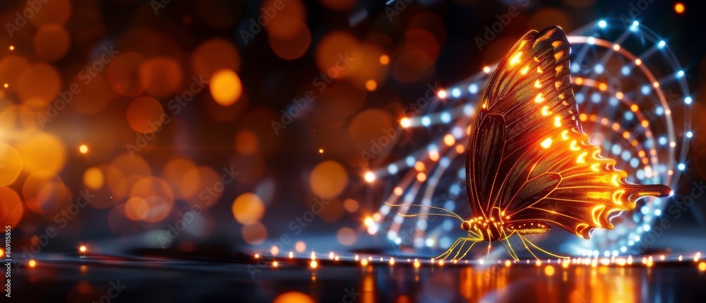 Poster Golden glowing butterfly with abstract lights and defocused background, creating a magical and enchanting scene.