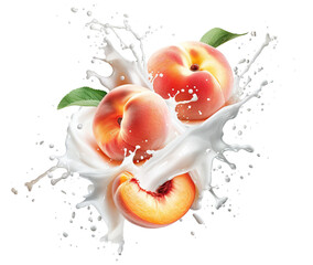 Delicious peaches splashing with leaves in milk, yogurt, or smoothie, cut out
