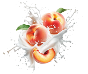 Delicious peaches splashing with leaves in milk, yogurt, or smoothie, cut out