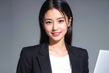 仕事中に笑みを浮かべるキャリアウーマン