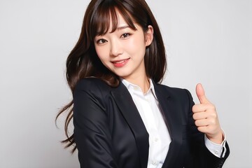 グーサインをするスーツを着た女性