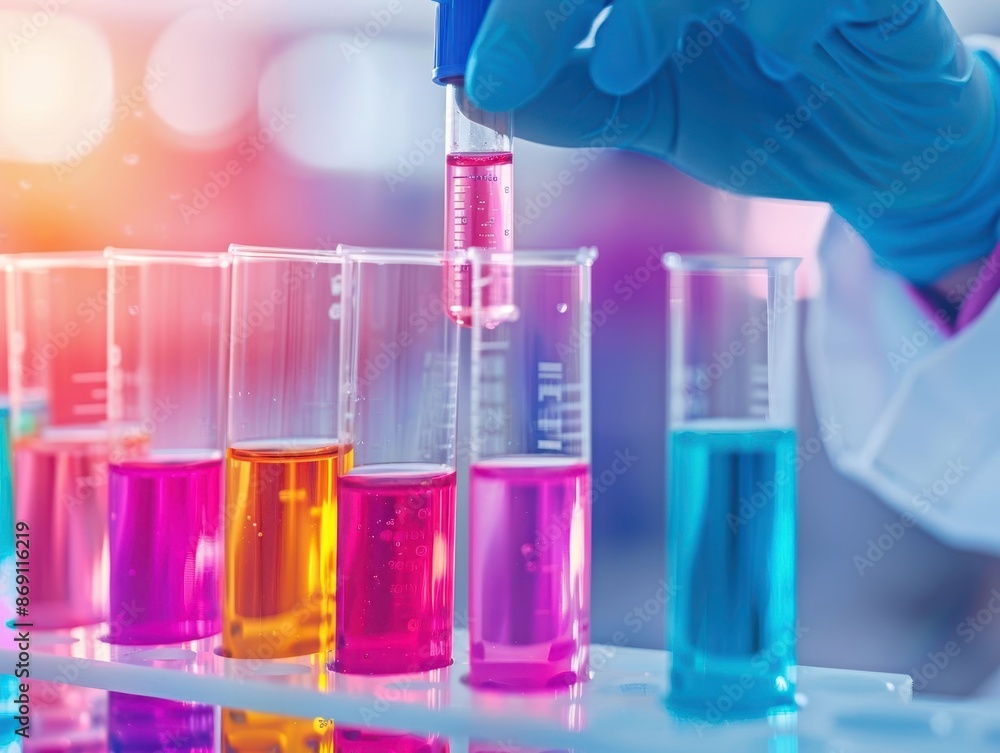 Poster scientist conducting experiment with colorful liquids in test tubes in a laboratory. gloved hand han