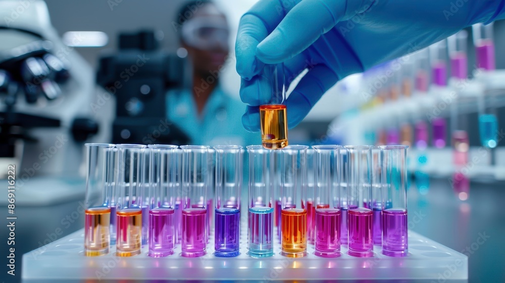 Poster scientist conducting experiment in a lab with colorful test tubes, focusing on scientific research a
