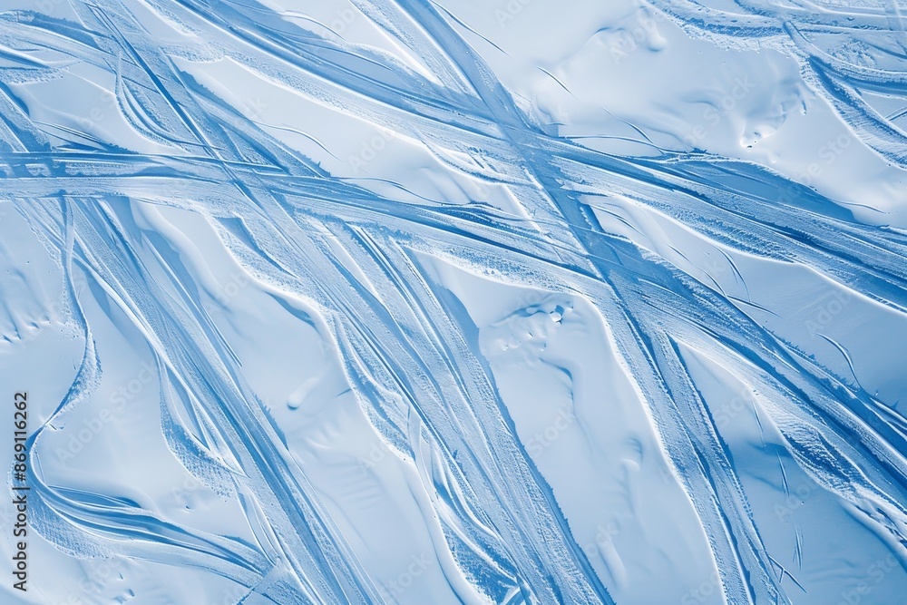 Poster a detailed view of ice surface showing abstract patterns created by ski tracks, abstract patterns cr