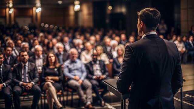 Keynote Speech Blur: A blurred background of a keynote speech or presentation in a conference hall, with the speaker on stage.	
