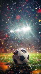 Soccer Ball Amid Celebratory Confetti and Spotlights in Stadium