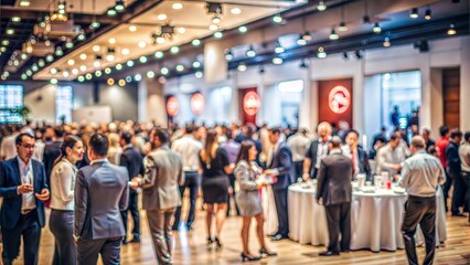 Corporate Event Blur: A blurred background of a corporate event in a conference hall, with people networking and socializing.	
