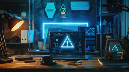 The computer with warning sign