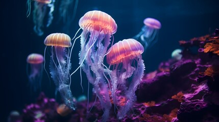 Fototapeta premium Closeup of Several Beautiful Moon Vibrant Bioluminescent Blue Jellyfish.