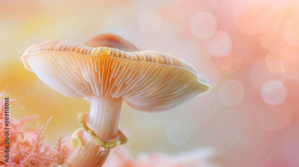Poster a detailed image of a yellowfoot mushroom with intricate patterns set against a soft, pastel backdro