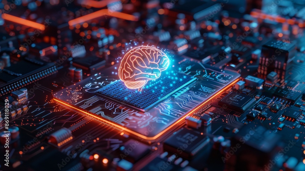Poster a close-up photograph of a computer processor with a glowing brain icon and dynamic holographic over