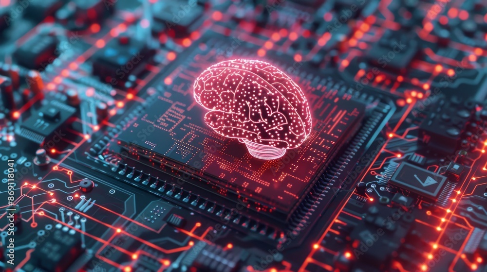 Poster a close-up shot of a computer processor with an illuminated brain icon, featuring dynamic holographi