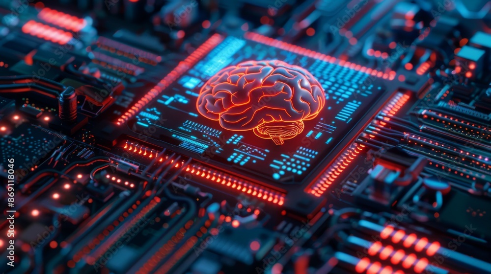 Poster a computer processor is shown with an illuminated brain icon in the center and dynamic holographic o