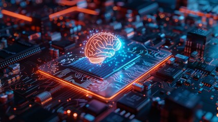 A close-up photograph of a computer processor with a glowing brain icon and dynamic holographic overlays